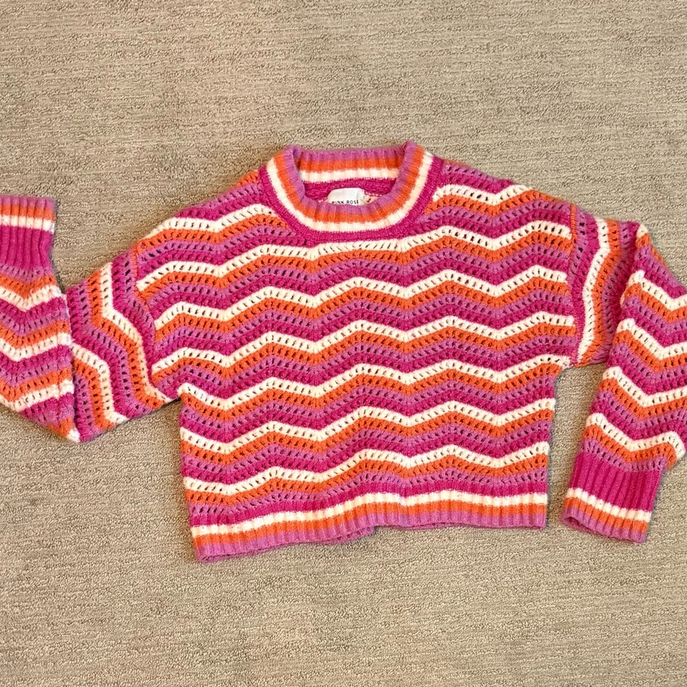 Pink Rose Vibrant Chevron Sweater - Pink, Orange, White